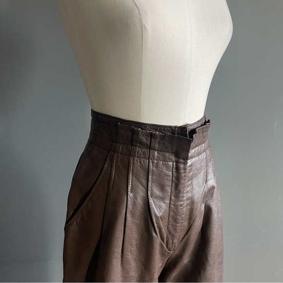 Vintage Brown Genuine Leather High Waist Pleated Pant Straight Leg French Scandi - Picture 2 of 7